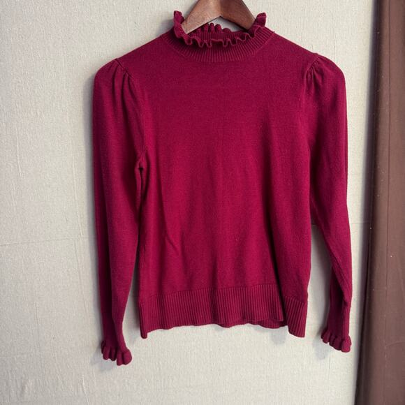 CeCe Sweater Size S Burgundy Red Ruffle Mock Neck Long Sleeve Lightweight Knit - Picture 2 of 10